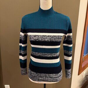 Turquoise, Black & Cream Studio Works turtleneck sweater, Size Small